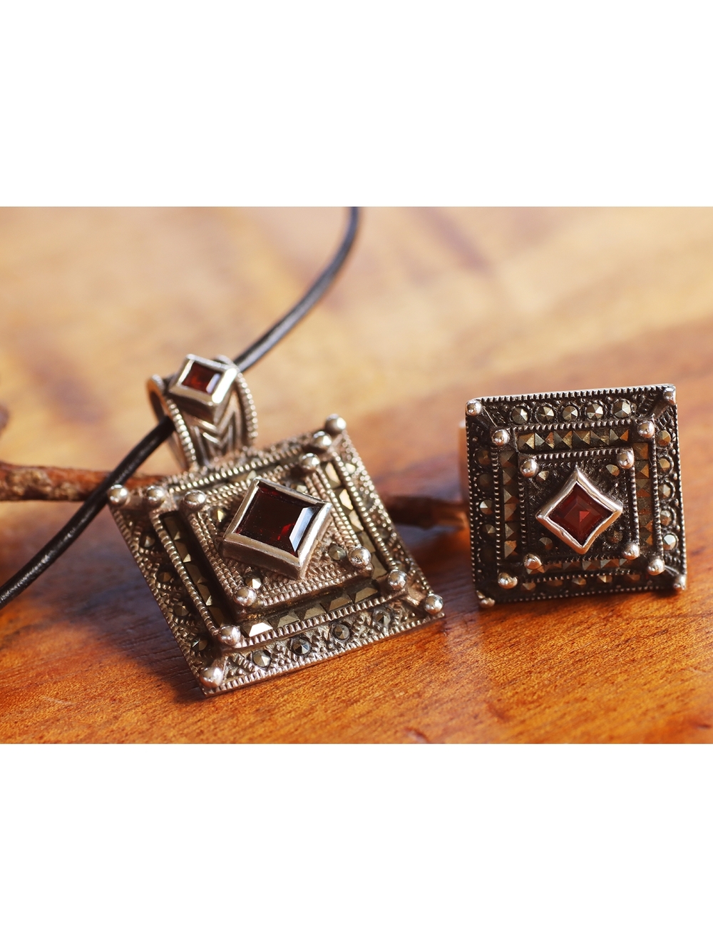 Sterling Silver Square Garnet Marcasite Pendant and Ring Set Size 7